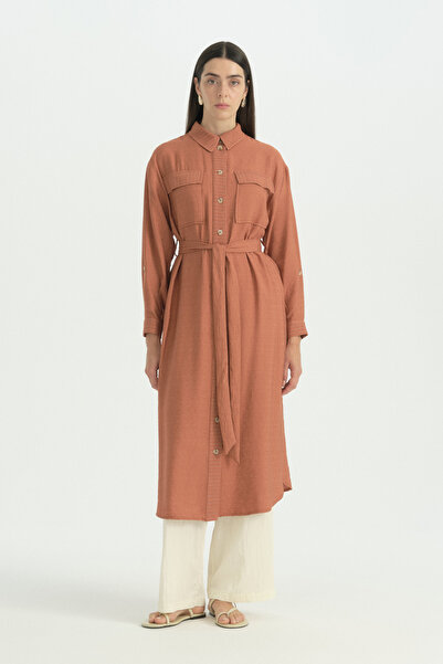 Nihan Striped Detailed Belted Long Viscose Tunic - Tile Color