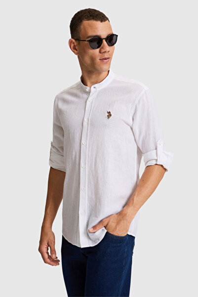 U.S. Polo Assn. Erkek Beyaz Keten Karışımlı Uzun Kollu Gömlek 50322203-VR013