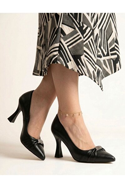 Gönbeler Black Leather 8 cm Goblet Heeled Shoes - Stone Detailed Evening Dres...