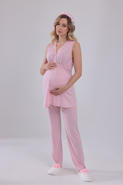 Yulem Homewear Powder Lace Design Strappy Cotton Maternity Pajama Set
