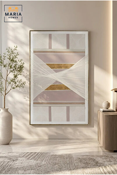 MARIA HOMES Luxury Geometric Textile Wall Art – Abstract Gold & Blush Pink Fr...