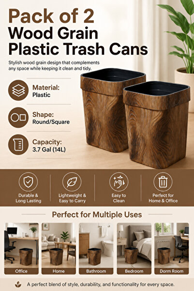 Baytix HOME Pack of 2 Wood Grain Plastic Trash Cans, Durable Plastic Garbage ...