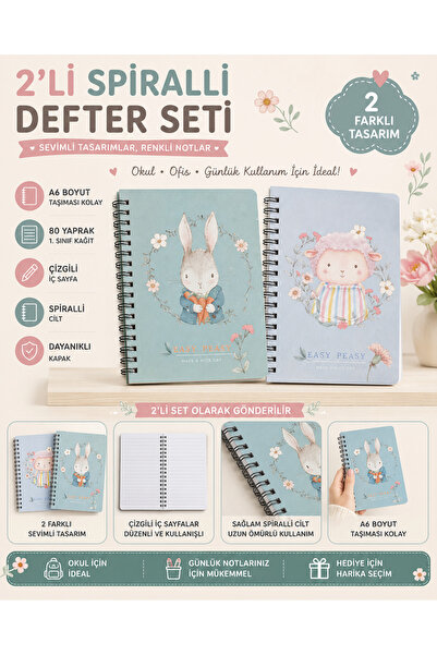 Ceren 2'li A6 Spiralli Defter Seti 80 Yaprak Çizgili Tavşan ve Kuzu Tasarımlı...