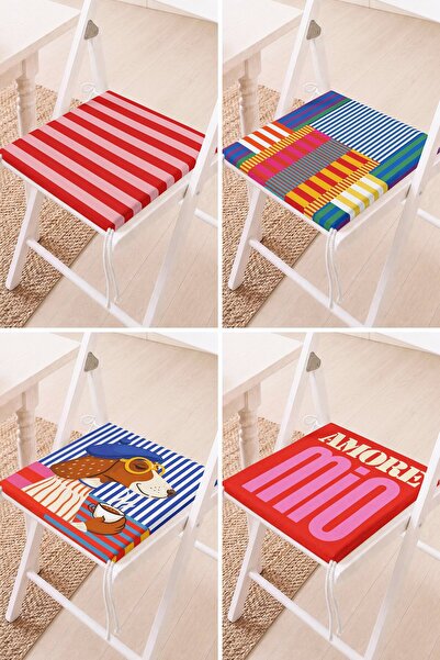 Home Set of 4 Striped Patchwork and Dog Figured Lace-Up Chair Cushions