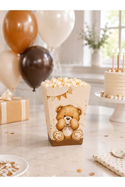 Parti Adresi Sevimli Ayıcık Temalı Patlamış Mısır Doğum Günü Popcorn Kutusu 8'li