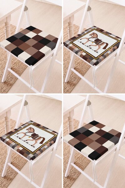 Home Set of 4 Brown Toned Lace-Up Chair Cushions with Horse Figures and Squar...