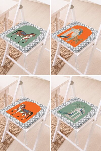 Home Set of 4 Patterned Gray Green Orange Lace-Up Chair Cushions with Horse a...