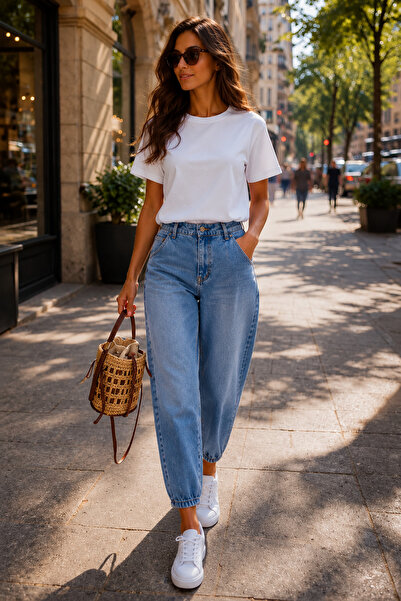 Denvy Denim Kadın Orta Mavi Taş Yıkamalı Boyfriend Fit Jean Pantolon
