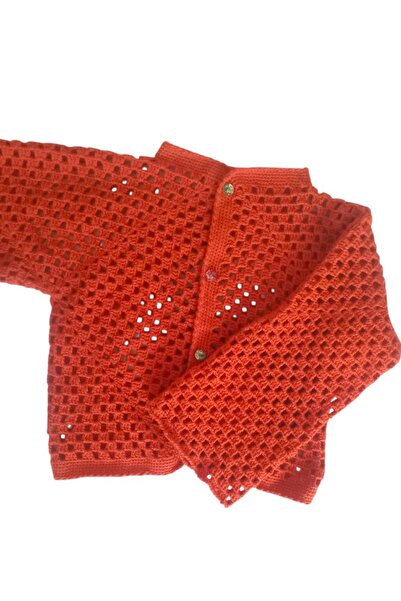 Tokuşka Crochet Tile Red Motif Hand Knitted Women's Cardigan