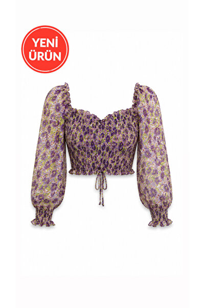 Perryes Kadın Mor Çiçek Desenli Önü Bağcıklı Büzgülü Crop Bluz