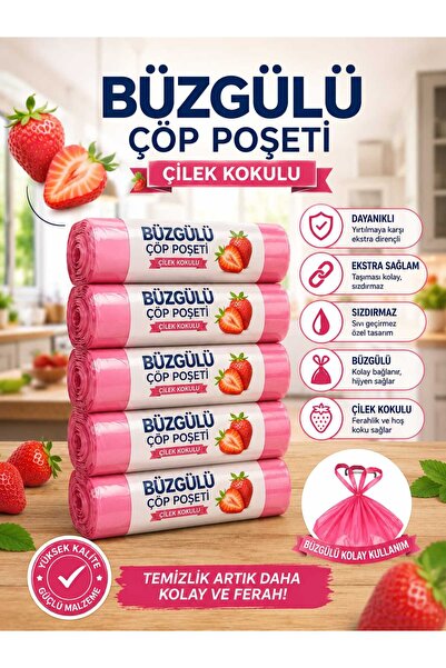 Butik Çilekli Kokulu Büzgülü Çöp Torbası 55x50 cm Orta Boy 5'Lİ Paket