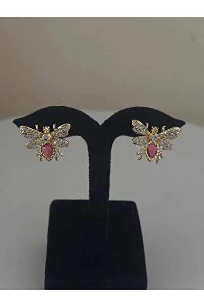 ROYAL SPARK Gold Detaylı ve Pembe Taşlı Arı Figürlü Küpe
