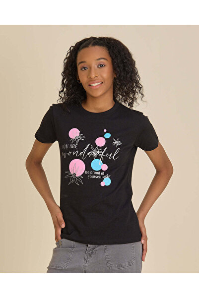 REDTAG Senior Girls Black Printed Basic T-Shirt
