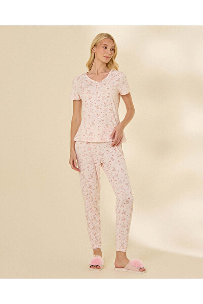 REDTAG Women's Lace Trim V-Neck Printed Pajama Set