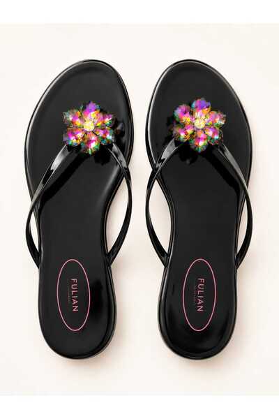 Fulian Women's Black Flip-Flops with Stones – Shiny Stone Jelly Slippers – Sl...