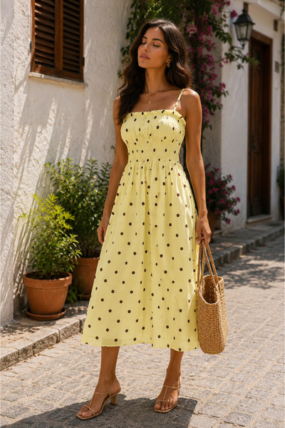 breva wear Kadın Puantiyeli Gipeli Askılı Midi Elbise