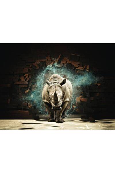 Persona Tablou Canvas, Rinocer Trecand Prin Perete 3D- 100 X 70 cm