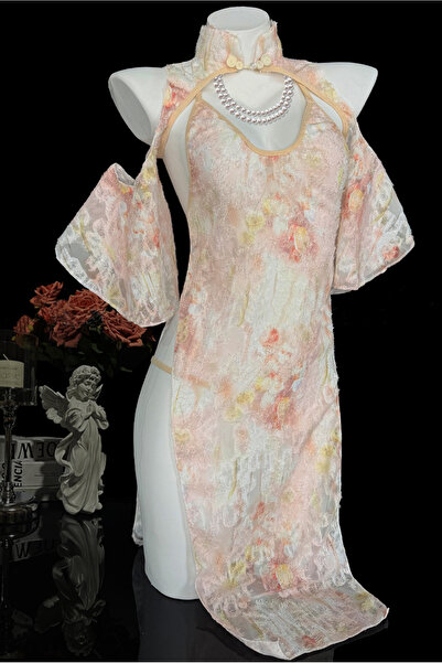 Generic Pastel Floral Sheer Qipao Dress For Women, Cold Shoulder Flare Sleeve...