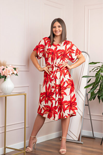 OEM Rochie eleganta Olive cu imprimeu exotic rosu