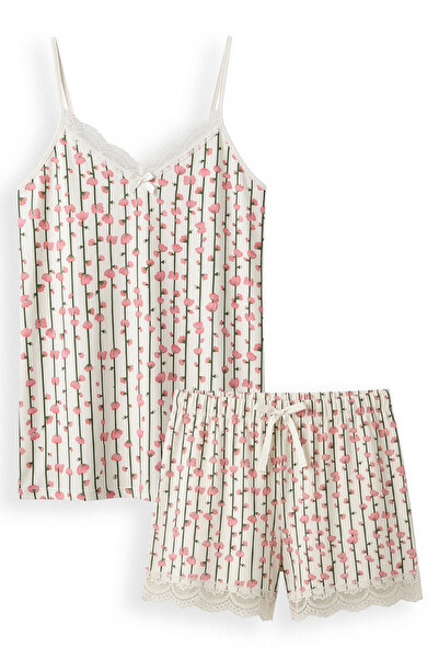 HNX Kadın Desenli Dantel Detaylı İp Askılı Şortlu Pijama Takım