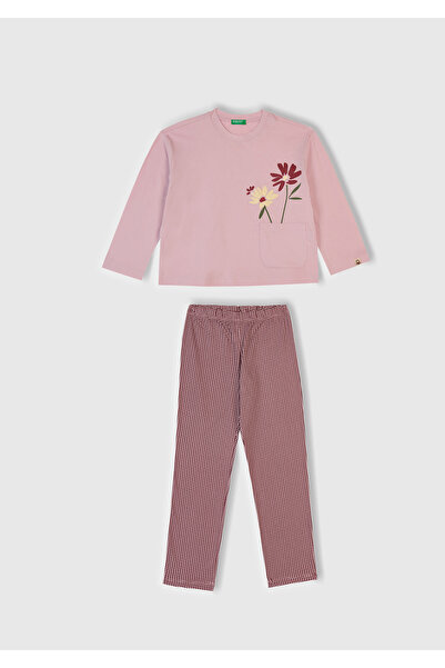 United Colors of Benetton Момичешки пижамен комплект в цвят пепел от рози и л...