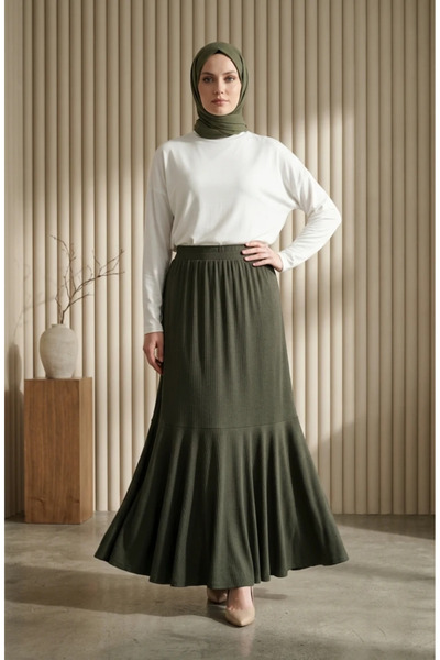 sefamerve Bürümcük Fabric Elastic Waist Gathered Skirt 0561-02 Khaki