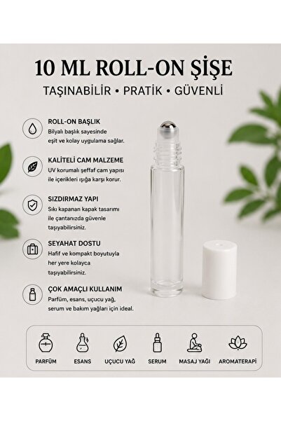 Kozpak 1 Adet 10 ml Şeffaf Cam Roll-On Şişe Çelik Bilyeli Beyaz Kapaklı Parfü...