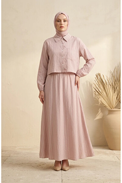 sefamerve Striped Modal Shirt Collar Hijab Double Set 0328-05 Powder