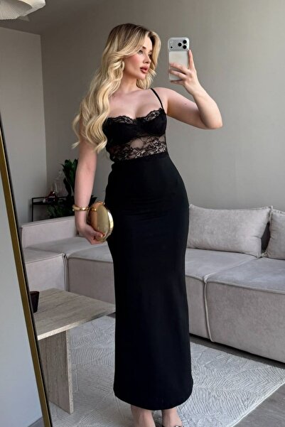 aura7 collection Kg Askili Bustier Detailed Maxi Length Black Lace Dress