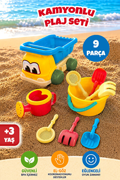 Meleni Toys 9 Piece Beach Set with Truck - Watering Can, Shovel, Rake and Yel...