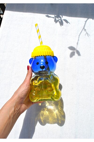 Qualitev 1 Piece Bear Cup Yellow Beret Yellow Navy Blue Drink Cup Set Glass C...