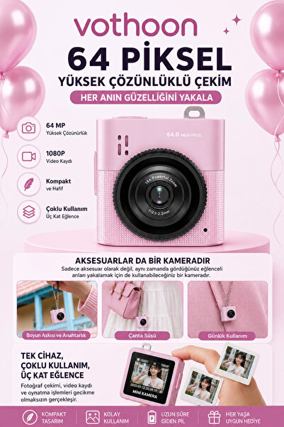 Vothoon Mini Dijital Kamera 64MP 16x Digital Zoom Retro Vintage 1.4"Ekranlı V...