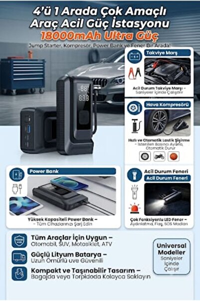 JUMP STARTER 18.000 mAh Taşınabilir Akü Takviyeli Kompresörlü Hava Pompası 4'...