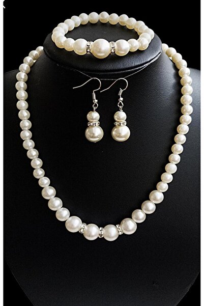 Luba Mayorka 8 mm Pearl Silver Necklace Bracelet Earring Set/ Set