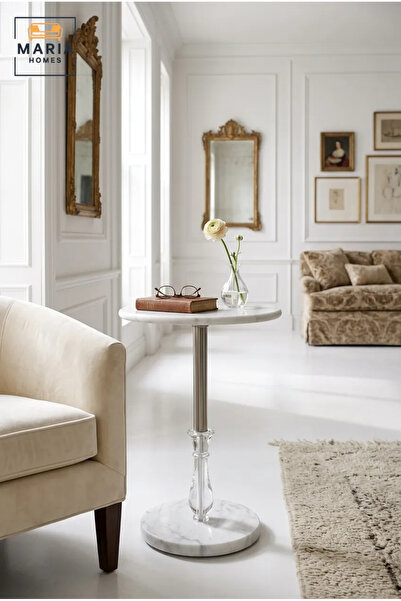 MARIA HOMES Modern Round Side Table with Marble-Effect Finish and Crystal Acc...