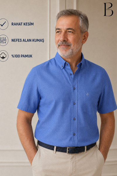 BURSPA Relaxed Fit Classic Men's Dad Short Sleeve 100% Cotton Linen Shirt