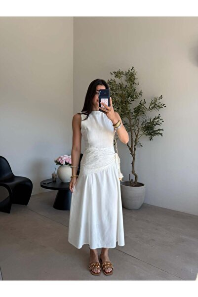 Bade Butik Ecru Lined Linen Dress with Waist Accessories