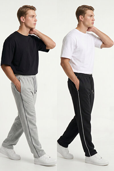 STRAVON 2-Strand Ribbed Baggy Sweatpants – Elastic Waist, Back Pockets, Wide ...