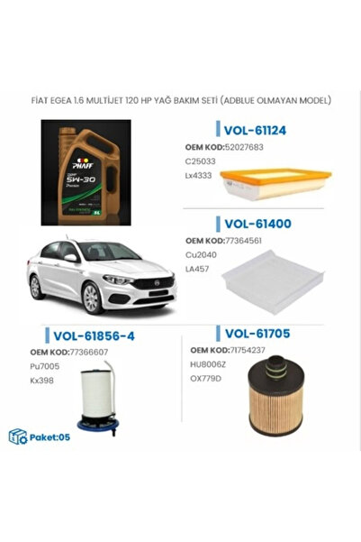 Fiat EGEA VE EGEA CROSS 1.6 MULTIJET 130 HP YAĞ BAKIM SETİ (ADBLUE OLMAYAN MO...