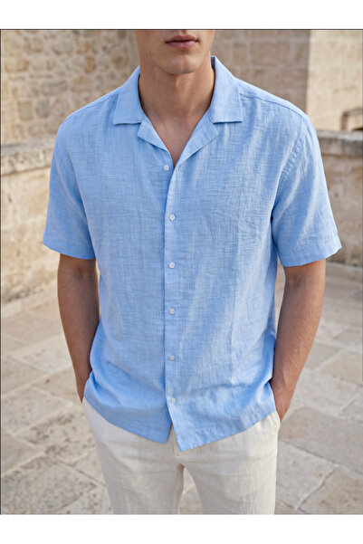 WAMOSSALAPLI Ayrobin Textured Oversize Linen Short Sleeve Men's Shirt