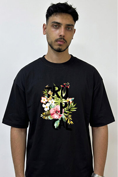 Anetos Tropical Cicek Design Printed Oversize Black T-Shirt