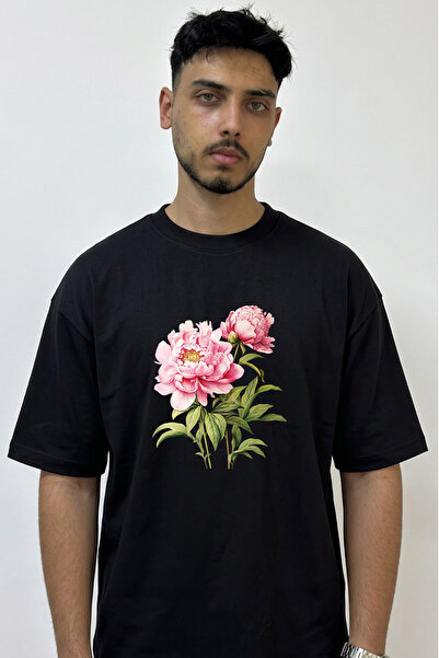 Anetos Pink Sakayik Design Printed Oversize Black T-Shirt