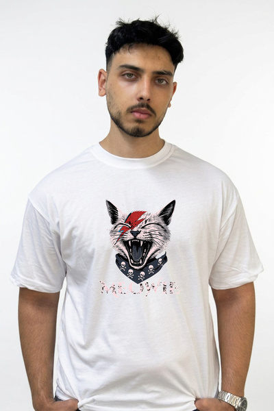 Anetos Bowie Cat Design Printed Oversize White T-Shirt