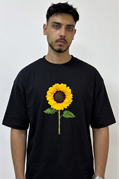 Anetos Sunflower Design Printed Oversize Black T-Shirt