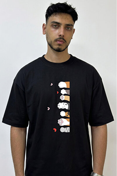 Anetos Cat Paws Design Printed Oversize Black T-Shirt