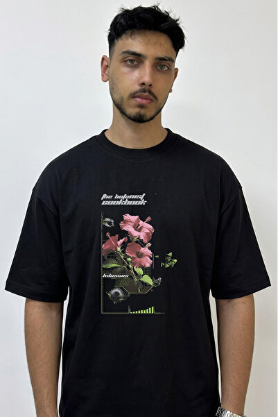 Anetos Pink Hibiscus Design Printed Oversize Black T-Shirt