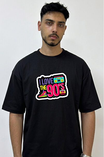 Anetos 90S Retro Design Printed Oversize Black T-Shirt