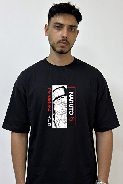 Anetos Naruto Uzumaki Design Printed Oversize Black T-Shirt