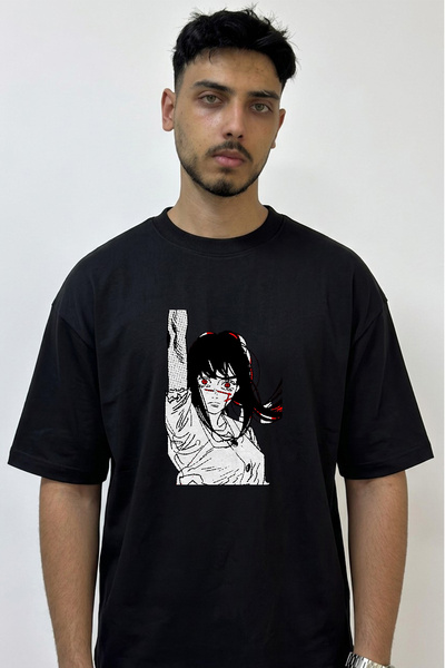 Anetos Reze Chainsaw Man Design Printed Oversize Black T-Shirt