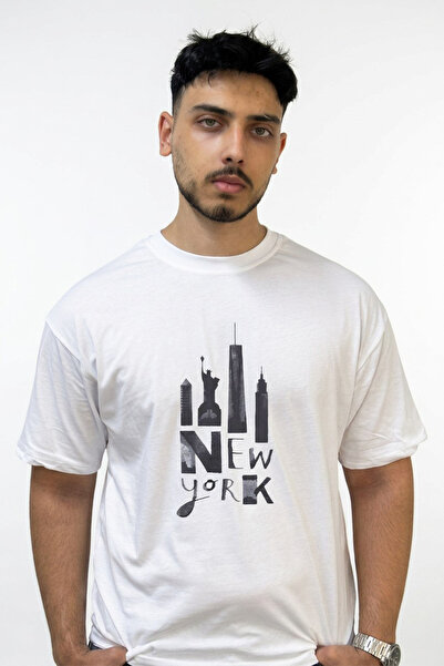 Anetos New York Skyline Design Printed Oversize White T-Shirt